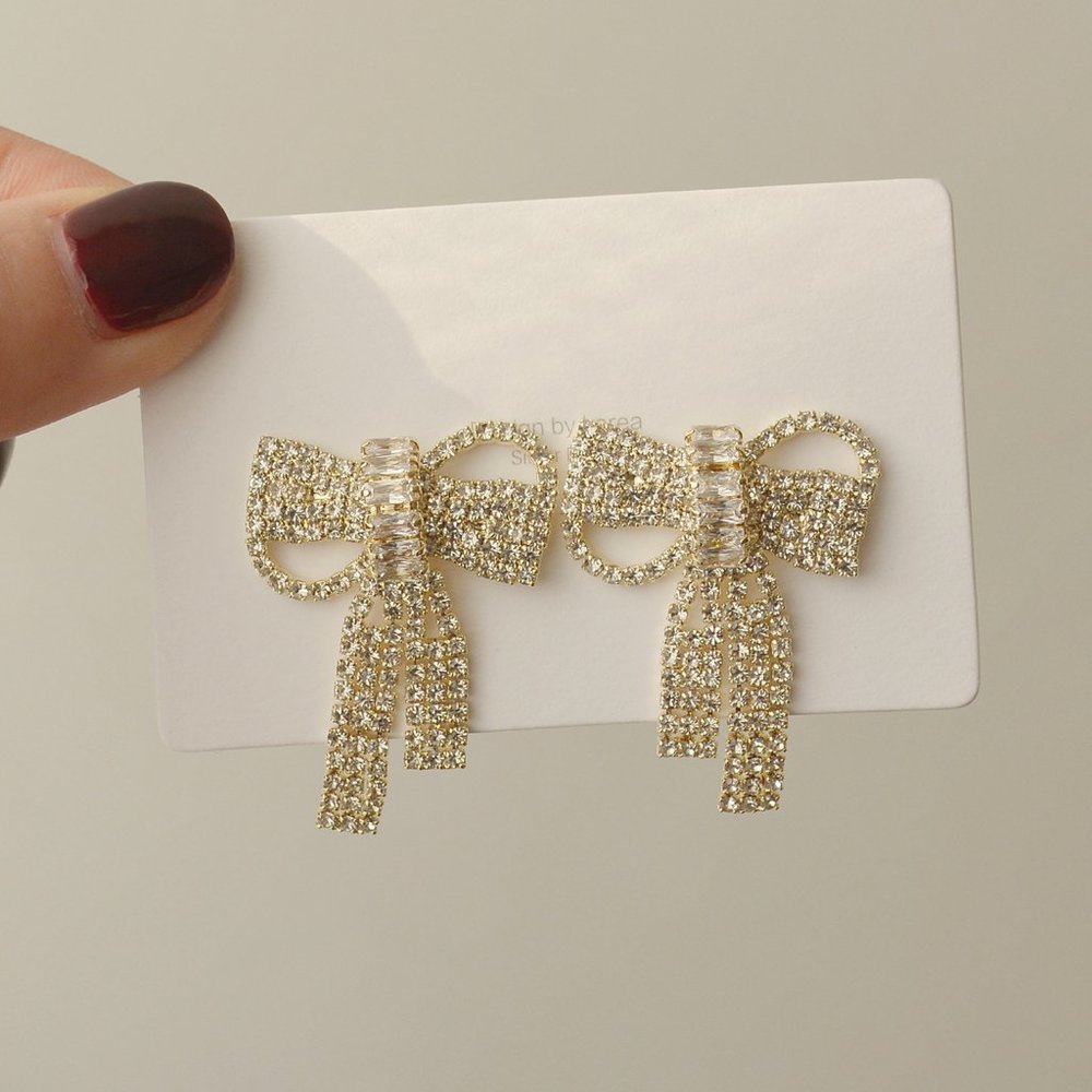 NEW 14K Gold Plated Diamond Bow Knot Earrings - Picture 4 of 6